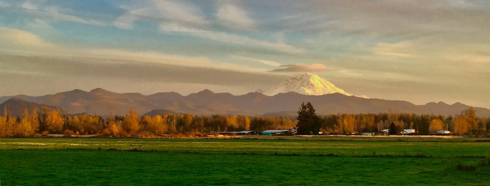 mount rainier view enumclaw washington wedding venue - Preferred Vendors Panoramic view of snow-capped Mount Rainier rising above autumn foliage and green farmland fields as seen from Mountain View Manor wedding venue in Enumclaw Washington near Seattle