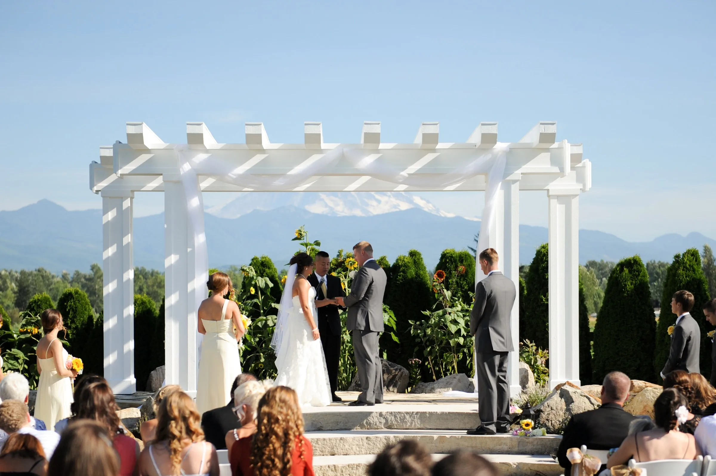 outdoor wedding ceremony pergola mountain view manor enumclaw - Mountain View Manor Outdoor wedding ceremony under a white pergola at Mountain View Manor in Enumclaw Washington with snow-capped Mount Rainier and sunflowers in the background